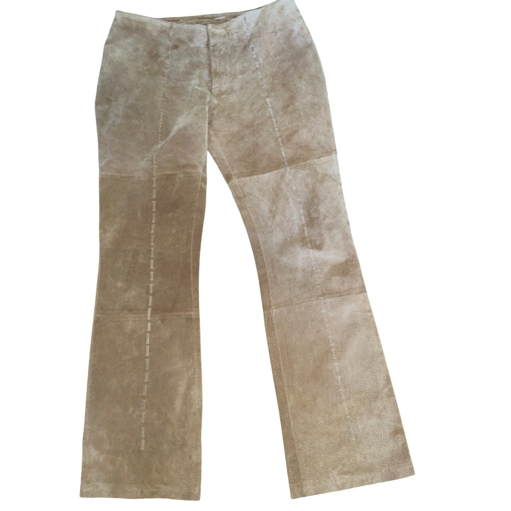 Neutral Zone Tan Genuine Leather Patchwork Whipstitch Flare Pants Womens 13